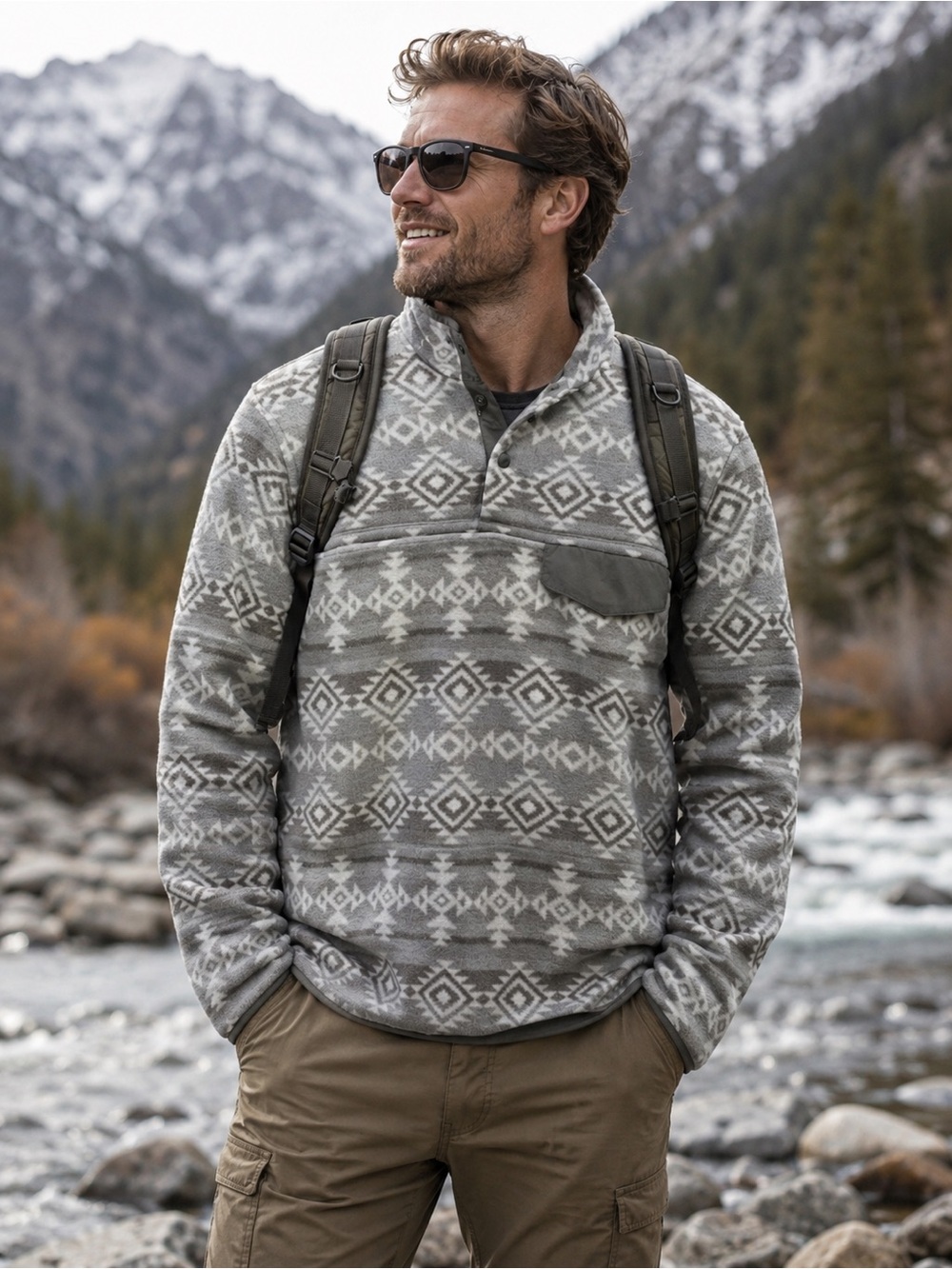 SOUTHERN GRIT Men's Tan Gray Aztec Pattern 1/4 Snap Pullover Fleece Jacket S